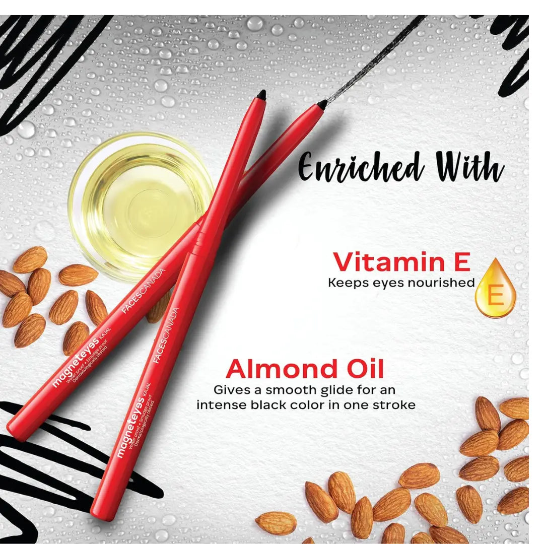 FACESCANADA Magneteyes Kajal Stick - Black, 0.35 Gm | 24 Hr Long Stay | One Stroke Smooth Glide | Waterproof, Smudgeproof & Fadeproof | Deep Matte Finish | Enriched With Almond Oil & Vitamin E