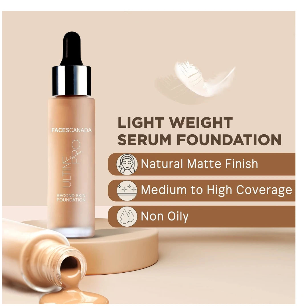 FACES CANADA Ultime Pro Second Skin Foundation - Beige 03, 30ml | Lightweight Anti-Ageing Serum Foundation | 3X Lighter | Natural Matte Finish | Medium To High Coverage | SPF 15 | Non-Oily