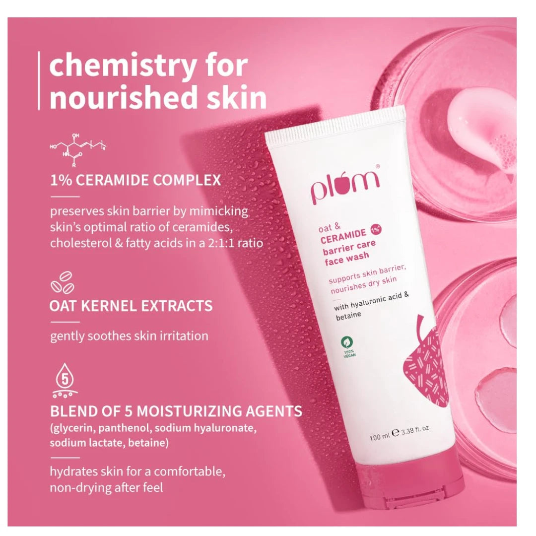 Plum Oat & 1% Ceramide Barrier Care Face Wash | Maintains & Preserves Skin Barrier | Hydrates & Nourishes Skin | Sulphate-free & Non-drying | For Normal, Dry skin | Women & Men | 100ml