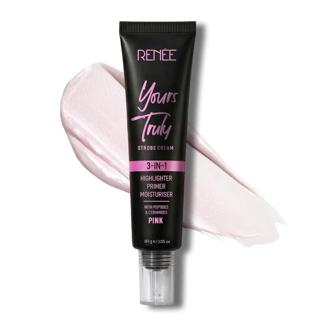 RENEE Yours Truly Strobe Cream for Face | 3 in 1 Highlighter Primer Moisturiser | Glow Cream, Lightweight, Non Sticky | Hydrating Dewy Skin Finish With Peptides | For All Skin Types | Pink - 30g