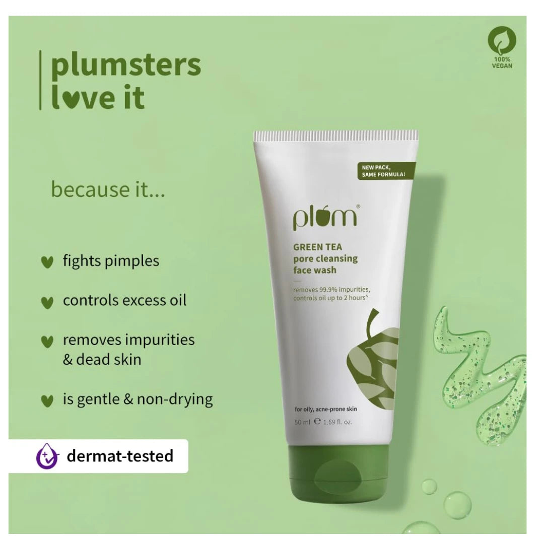 Plum Green Tea Pore Cleansing Face Wash for Oily, Acne Prone, Dry & Combination Skin | with Glycolic Acid | Fight Pimples & Control Excess Oil | Gentle Exfoliating & Non-Drying | Women & Men | 50ml
