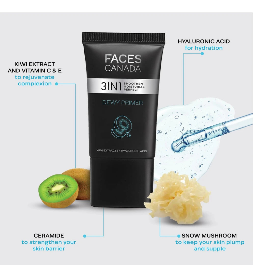 FACES CANADA Dewy Primer, 30g | Blurs Imperfections | Flawless Dewy Base | Lightweight Hydrating Creamy Texture | Smoothens & Moisturizes Skin | Hyaluronic Acid, Vitamin C & E | No Alcohol & Parabens