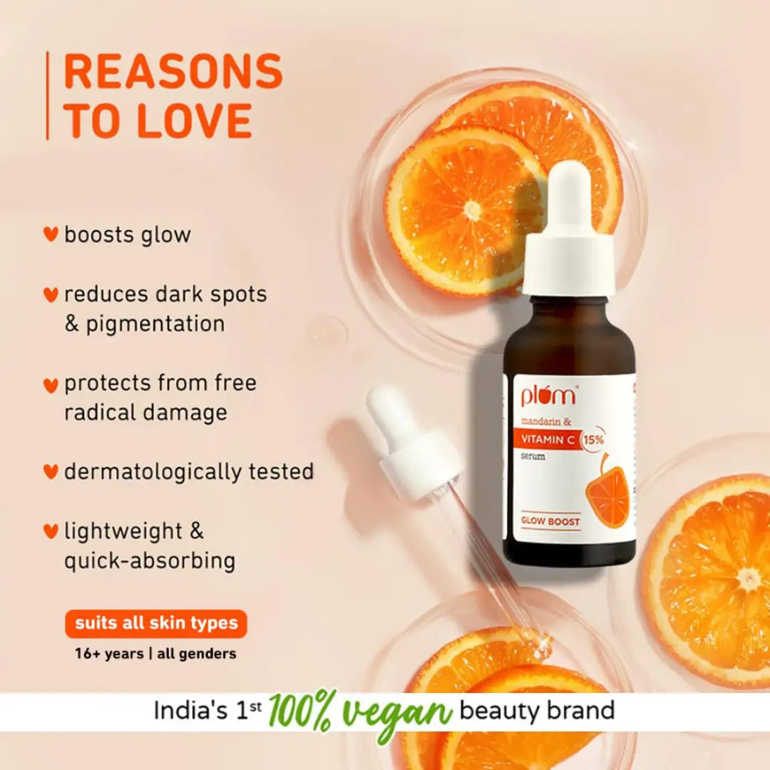 Plum 15% Vitamin C Serum for Glowing Skin | for Oily, Dry & Combination Skin | Reduce Pigmentation & Dark Spot |with Mandarin | Non-Irritating, Hydrating & Soothing | Face Serum for Men & Women | 20ml