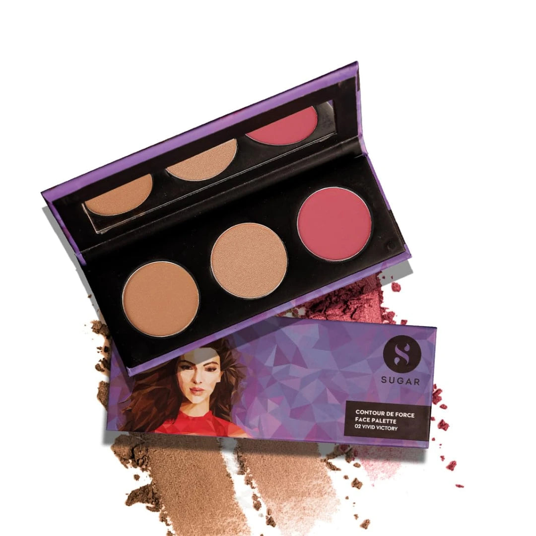 SUGAR Cosmetics Contour De Force Face Palette for Makeup | Includes Matte Bronzer, Highlighter & Blush | Makeup Palette with Built-in Mirror
