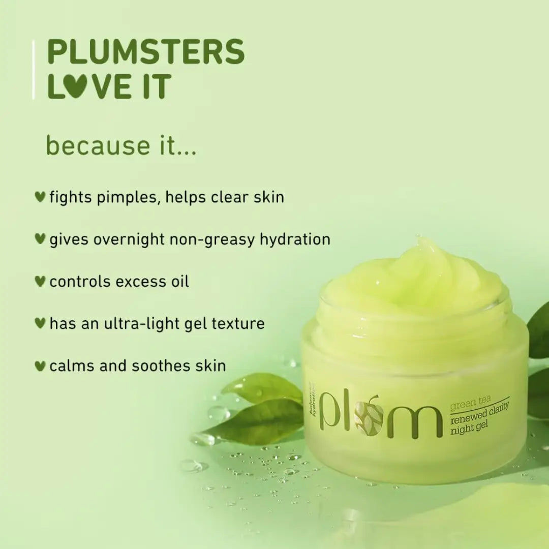 Plum Green Tea Renewed Clarity Night Gel with Glycolic acid |Hydrates Skin & Fights Acne | Night Cream For Women | Lightweight & Quick absorbing Overnight Repair | Normal, Oily, Acne-Prone, Combination Skin | 100% Vegan | Paraben Free | 50ml