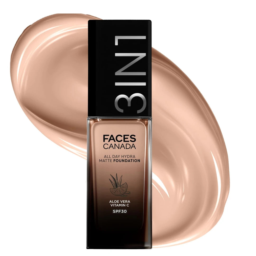 FACESCANADA All Day Hydra Matte Foundation Cream|3-in-1 Foundation + Moisturizer + SPF 30|24 HR Aloe Hydration & Vitamin C|10HR Long Wear|Medium to High Buildable Coverage | Soft Sand 041 | 30ml
