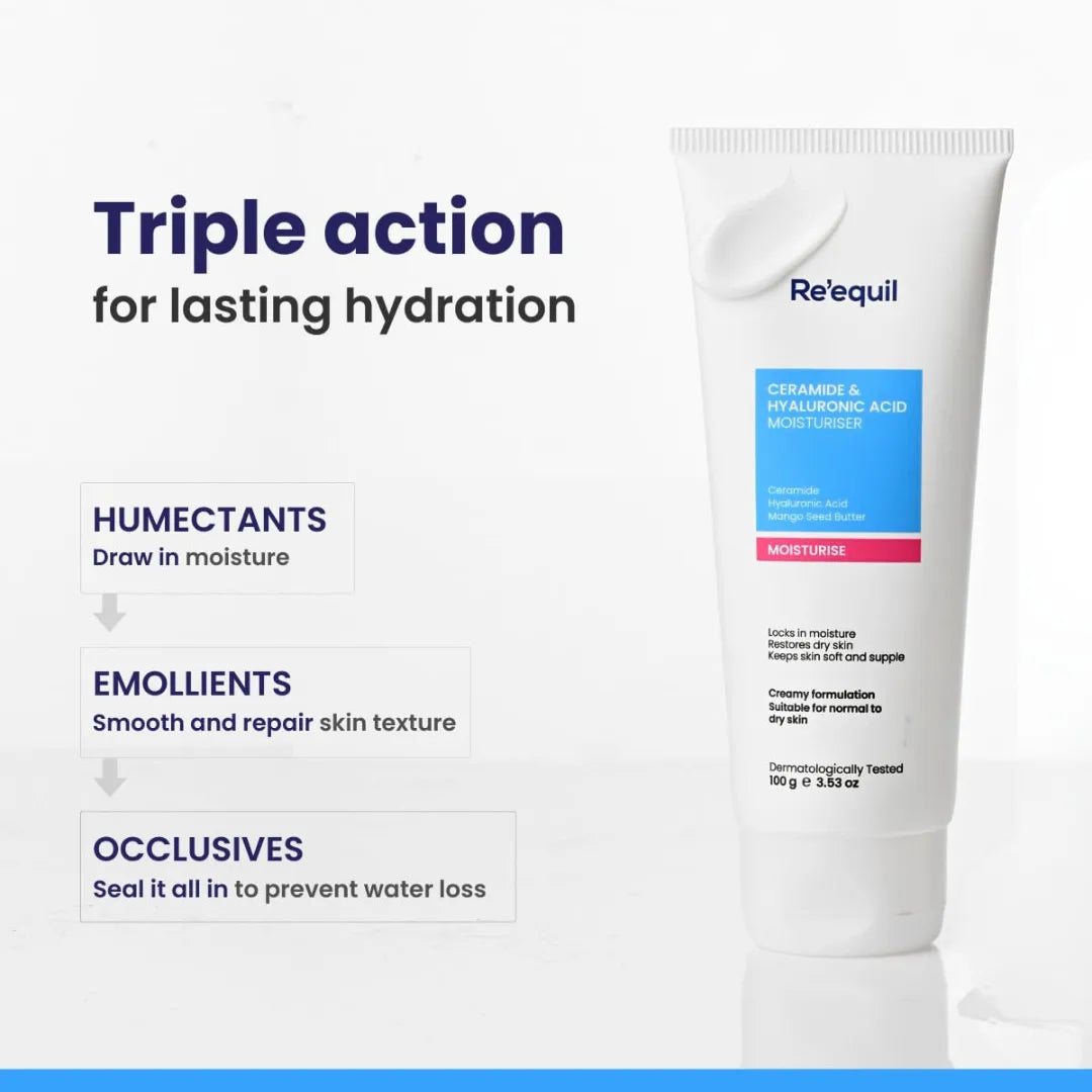 RE' EQUIL Ceramide & Hyaluronic Acid Moisturiser | Moisturizer For Face | Barrier Repair Cream | Long Lasting Hydration | Suitable For Normal To Dry Skin | 100G