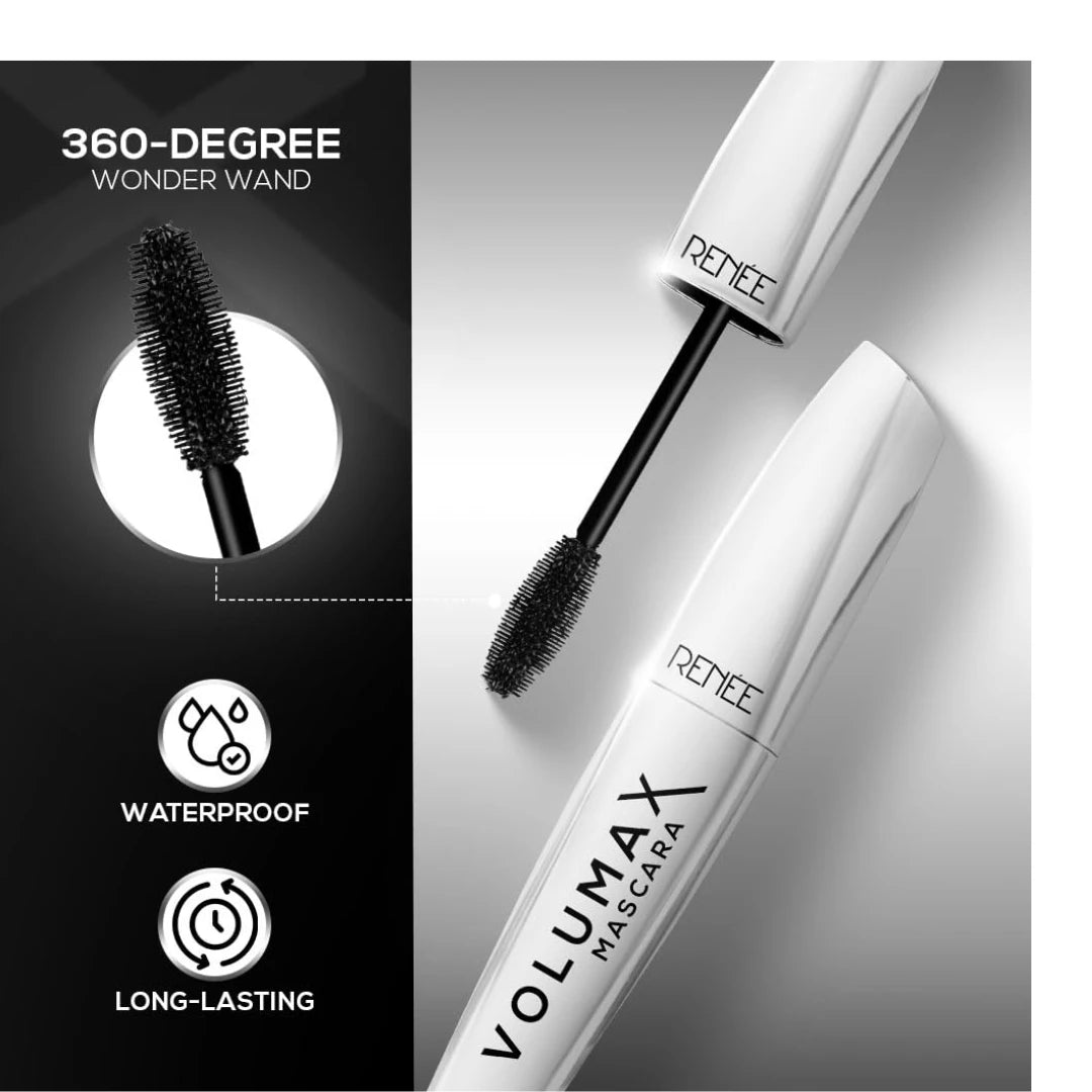 RENEE Volumax Mascara Black 10ml | Quick Dry, Waterproof, Long Lasting Weightless Formula | Volumizes, Lengthens & Conditions the Lashes With Intense Color | 360 - Degree Wand for Clump Free Application
