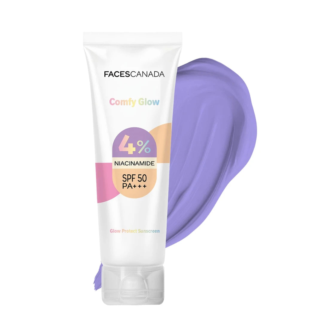 FACES CANADA Comfy Glow Sunscreen with 10% Niacinamide - 30ml | SPF50 PA+++ | UVA & UVB Protection | Feather Light Texture | Lightweight & Non Greasy | Brightens Skin | Hydrates Skin | Prevents Sunburns, Tanning & Premature Aging