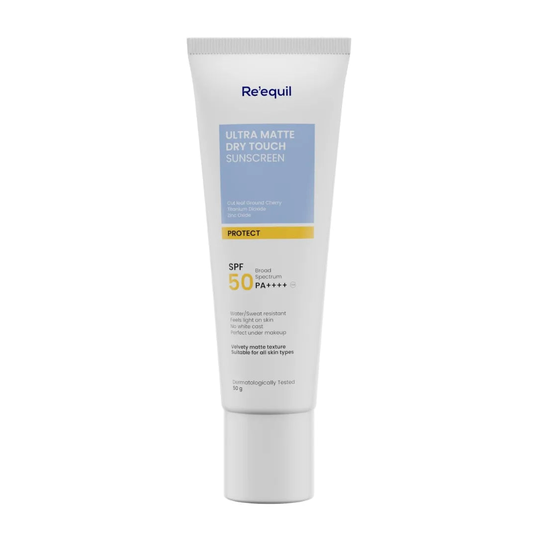 RE' EQUIL Ultra Matte Dry Touch Sunscreen | SPF 50 PA++++ | Water & Sweat Resistant | No White Cast, Non-Greasy & Non-Comedogenic | For All Skin Types | 50G