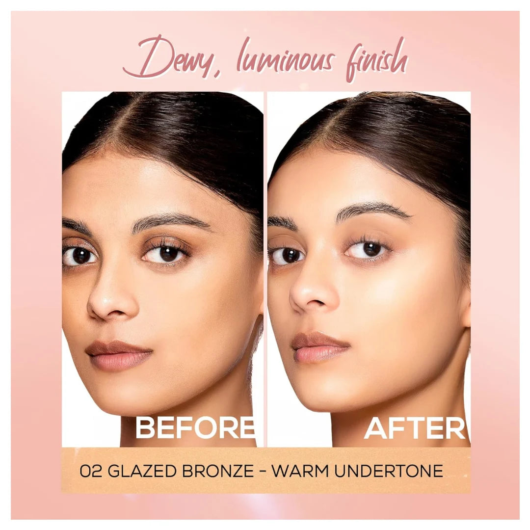 RENEE Lumi Glow Highlighting Liquid Foundation - Glazed Bronze | Lightweight, Buildable, Medium Coverage, Dewy Finish, 3D Glow | Uneven Skin Tone, Hydrates | With Niacinamide & Hyaluronic Acid |30 ml