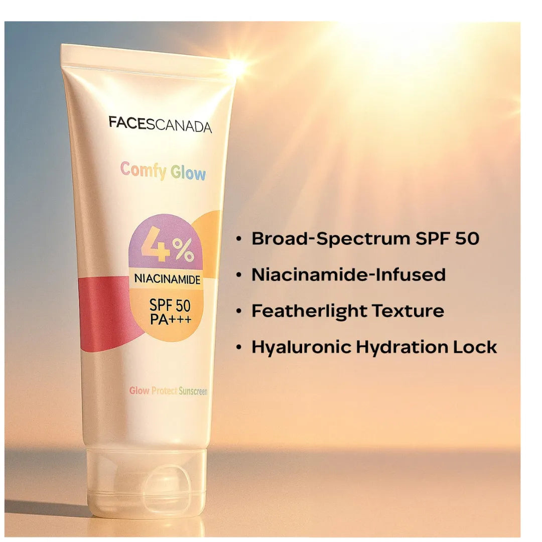 FACES CANADA Comfy Glow Sunscreen with 10% Niacinamide - 30ml | SPF50 PA+++ | UVA & UVB Protection | Feather Light Texture | Lightweight & Non Greasy | Brightens Skin | Hydrates Skin | Prevents Sunburns, Tanning & Premature Aging