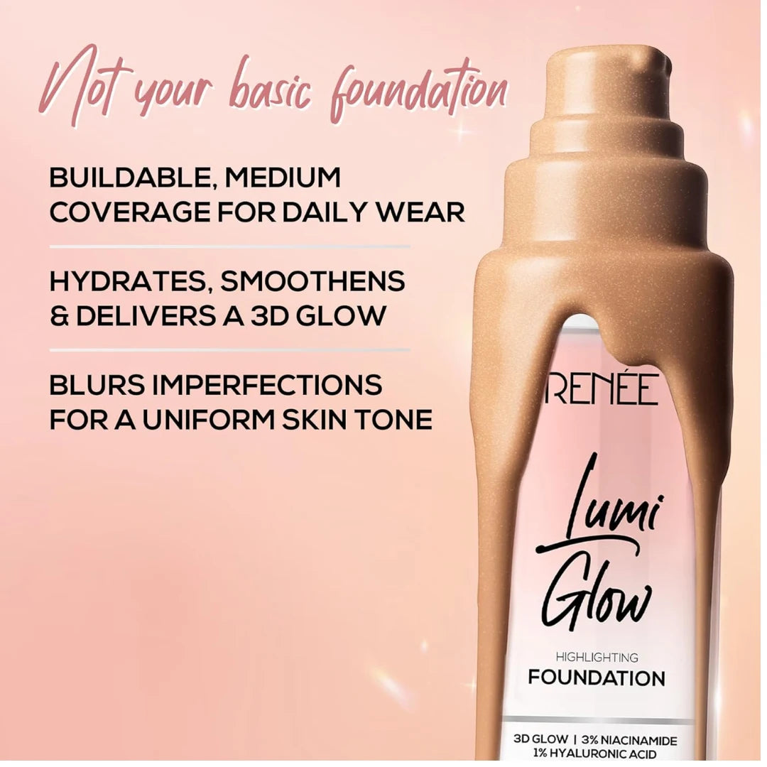 RENEE Lumi Glow Highlighting Liquid Foundation - Glazed Bronze | Lightweight, Buildable, Medium Coverage, Dewy Finish, 3D Glow | Uneven Skin Tone, Hydrates | With Niacinamide & Hyaluronic Acid |30 ml