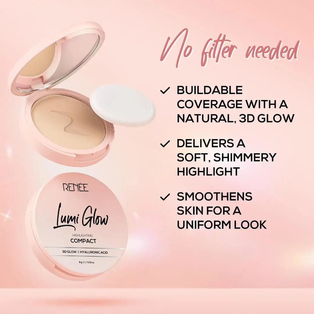 RENEE Lumi Glow Highlighting Compact - Velvet Vanilla| Medium Coverage, Dewy Finish, 3D Glow | Blurs Pores & Uneven Skin Tone | With Hyaluronic Acid & Vitamin E | 9 g