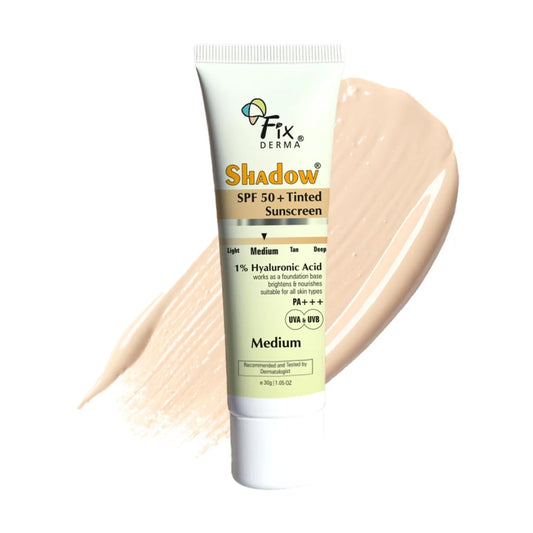 Fixderma Shadow Tinted Sunscreen Medium SPF 50 PA+++ | 1% Hyaluronic Acid & Vitamin E | Brightens & Nourishes the Skin | UVA & UVB Protection | Lightweight | No White Cast | For All Skin Types - 30gm