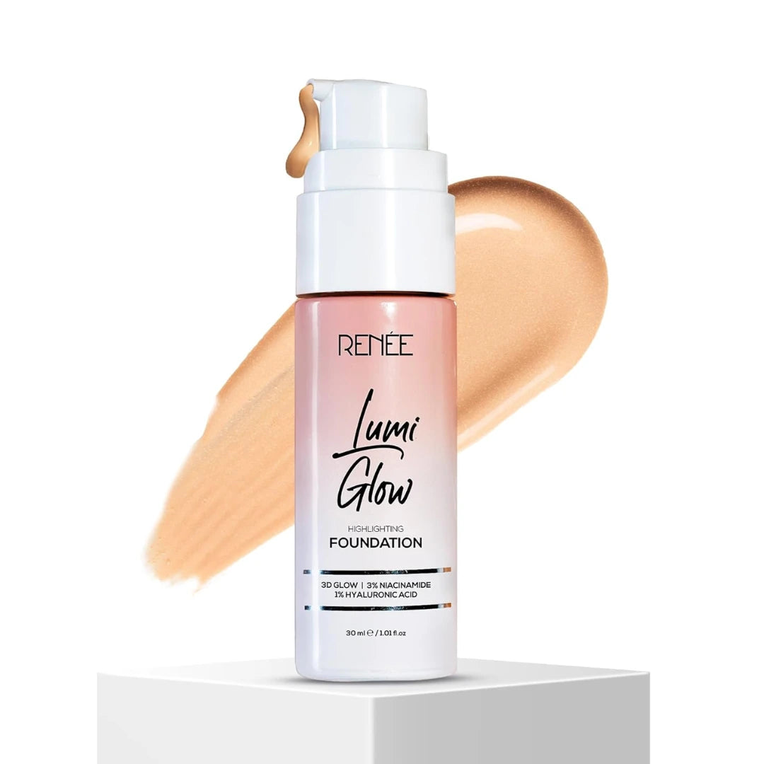RENEE Lumi Glow Highlighting Liquid Foundation - Glazed Bronze | Lightweight, Buildable, Medium Coverage, Dewy Finish, 3D Glow | Uneven Skin Tone, Hydrates | With Niacinamide & Hyaluronic Acid |30 ml