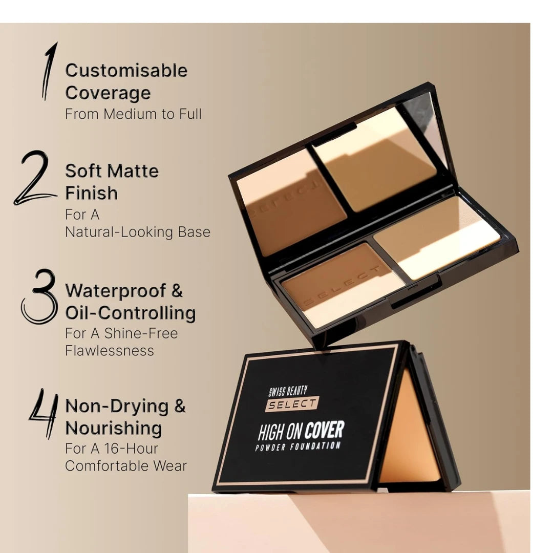 SWISS BEAUTY Matte All Select High On Cover Powder Foundation With Sponge | Waterproof & Oil Controlling | 16-Hour Wear | Shade 06 Warm Honey, 5.5G