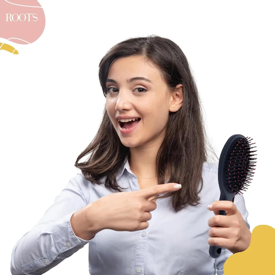 ROOTS Truglam Black Round Paddle Hair Brush | Soft Tip Flexible Bristles | Prevent Scalp Scraping & Cuticle Damage | Quick Detangling | For Men & Women | Length - 9.44 Inch, Model No - 9551