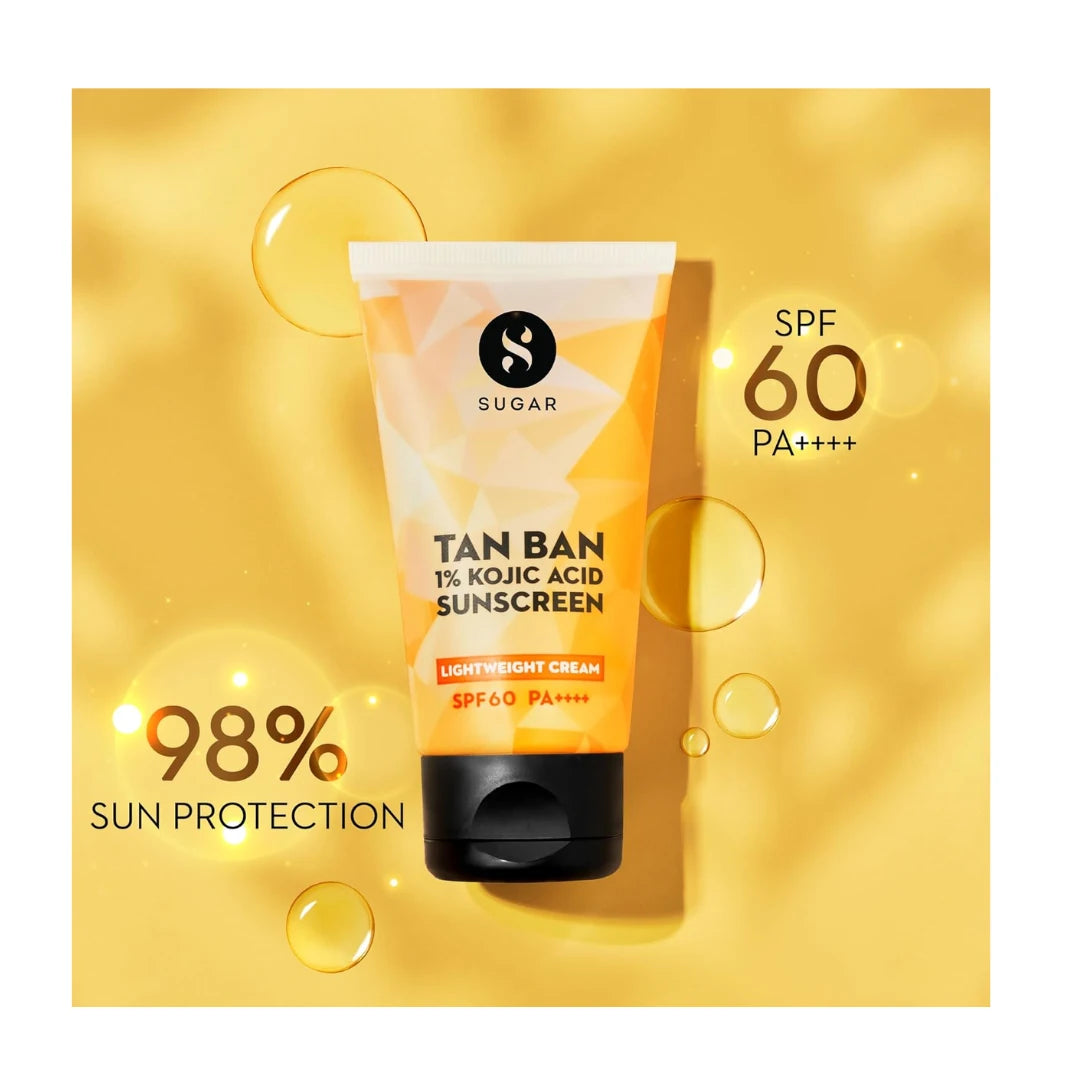 SUGAR Cosmetics Tan Ban 1% Kojic Acid Sunscreen SPF60 ++++ | 1% Peptide Complex | Barrier Repair | No White Cast | 50ml
