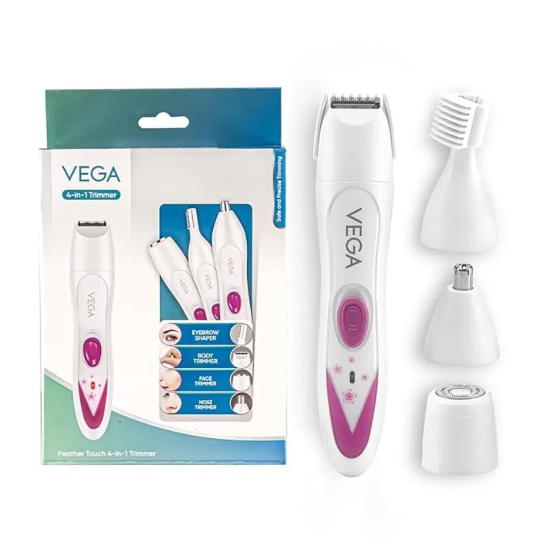 Vega Feather Touch 4-in-1 Trimmer for Women with Rechargeable Cordless, 60min Runtime, Suitable for trimming Eyebrows, Nose, Face & Bikini Area (VHBT-03) White