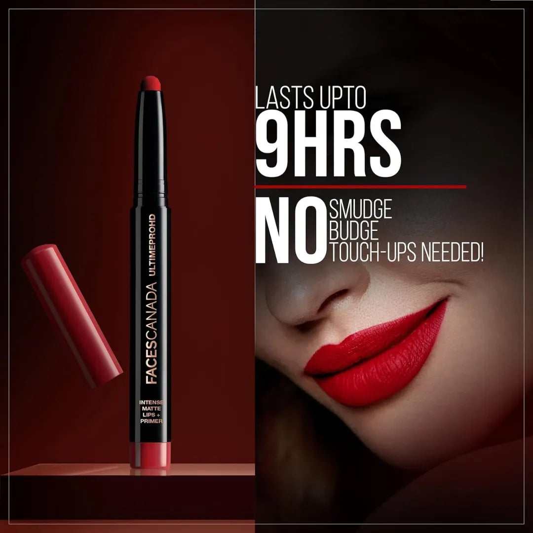FACES CANADA Ultime Pro HD Intense Matte Lips + Primer | 9HR Long Stay | Primer Infused For Flawless HD Matte Finish | Intense Color Lightweight Silky Smooth Cream Application