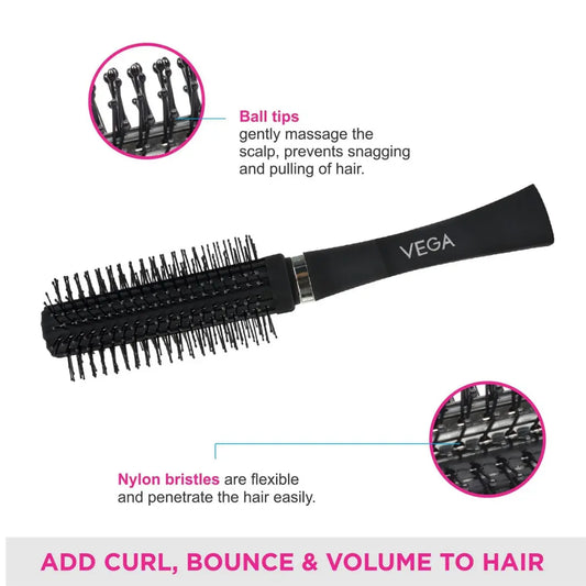 Vega Round Hair Brush (India's No.1* Hair Brush Brand) For Adding Curls, Volume & Waves In Hairs| Men and Women| All Hair Types (E5-RB N)
