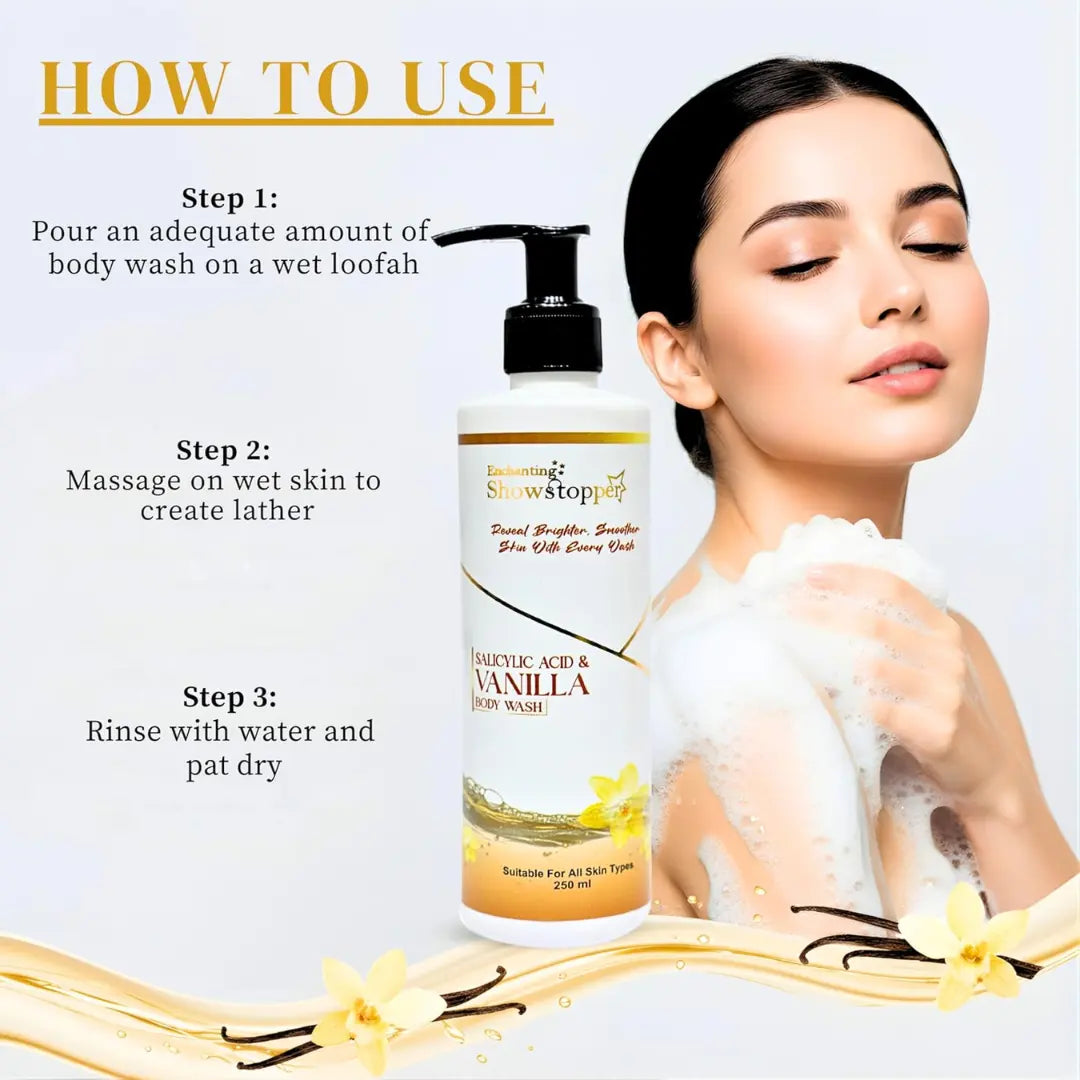 Enchanting Showstopper Salicylic Acid & Vanilla Body Wash for Men & Women | Gentle Exfoliating Body Cleanser for Acne-Prone Skin, Deep Pore.