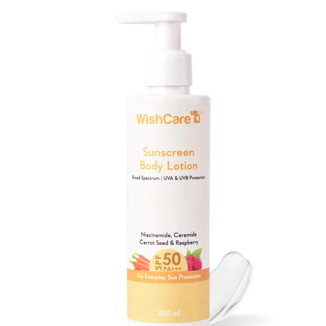 WishCare Sunscreen Body Lotion with SPF 50 PA+++ In- Vivo Tested | Body Sunscreen With Broad Spectrum UVA & UVB Protection, No White Cast | With Carrot Seed & Raspberry | For All Skin Types | For Women & Men | 200ml