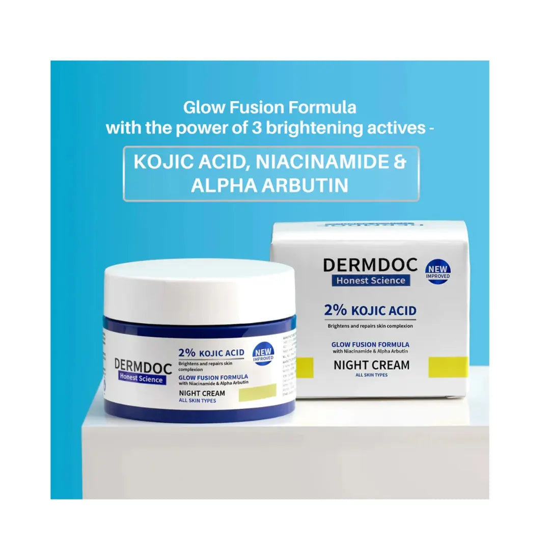 DERMDOC 2% Kojic Acid Glow Fusion Formula Night Cream with Niacinamide & Alpha Arbutin for Skin Brightening (50 gm) | Face Cream I Night Cream I Kojic Acid Brightening Cream I Glowing Skin