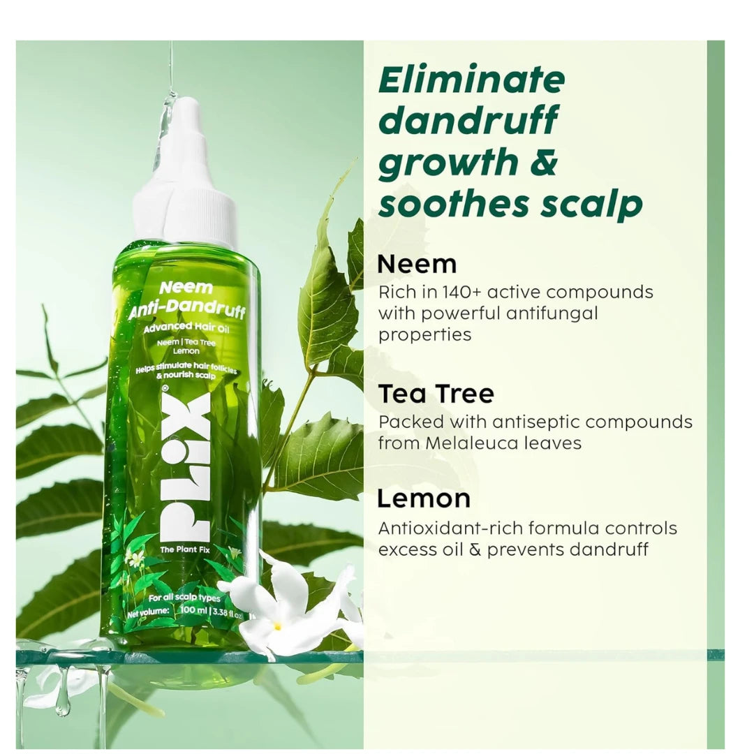 PLIX - THE PLANT FIX Neem Anti-Dandruff Advanced Hair Oil | Reduces Dandruff | Soothes Itchy Scalp | Calms Inflammation | Non-Greasy & Lightweight | Dermatogically Tested |100ml