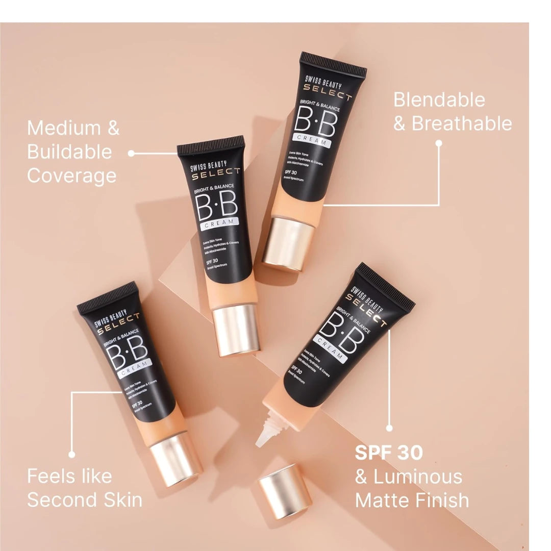 SWISS BEAUTY Select Bright&Balance Multifunctional Luminous Medium Coverage Bb Cream With Spf 30 Protects, Hydrates And Covers Infused With Niacinamide, Wheat Germ Oil Shade-That's Fair, 30G|1 Count