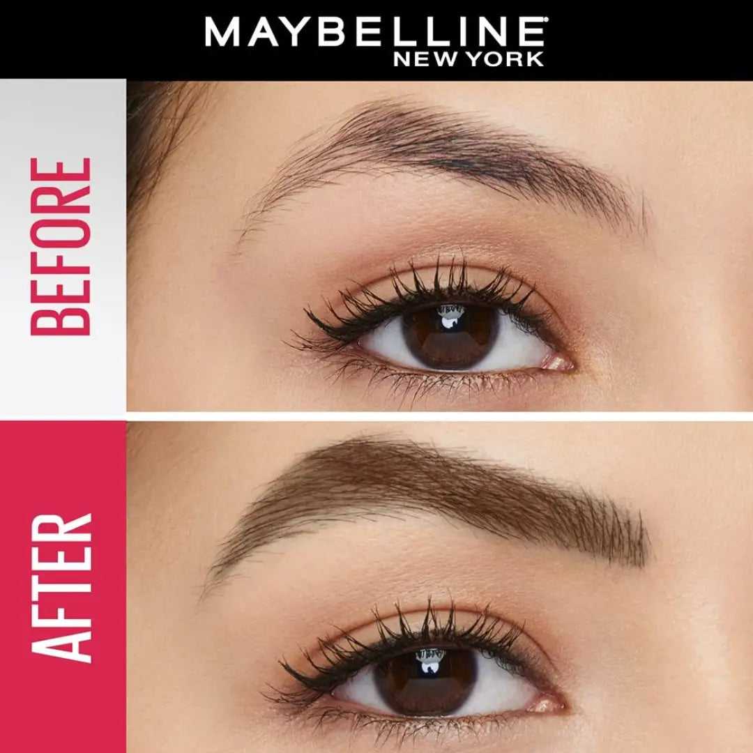 Before and after comparison of an eye with Maybelline New York product on eyebrows.