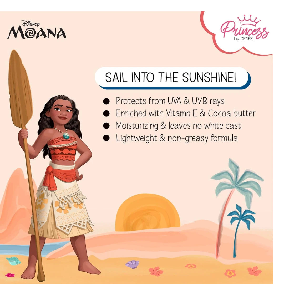 RENEE Princess by  Disney Moana Sunscreen with SPF 50, Protects & Nourishes, Zero White Cast, Lightweight & Non-Greasy, Quick-absorbing Formula, Vitamin E, Cocoa Butter, Provitamin B5 Infused, 50 Ml