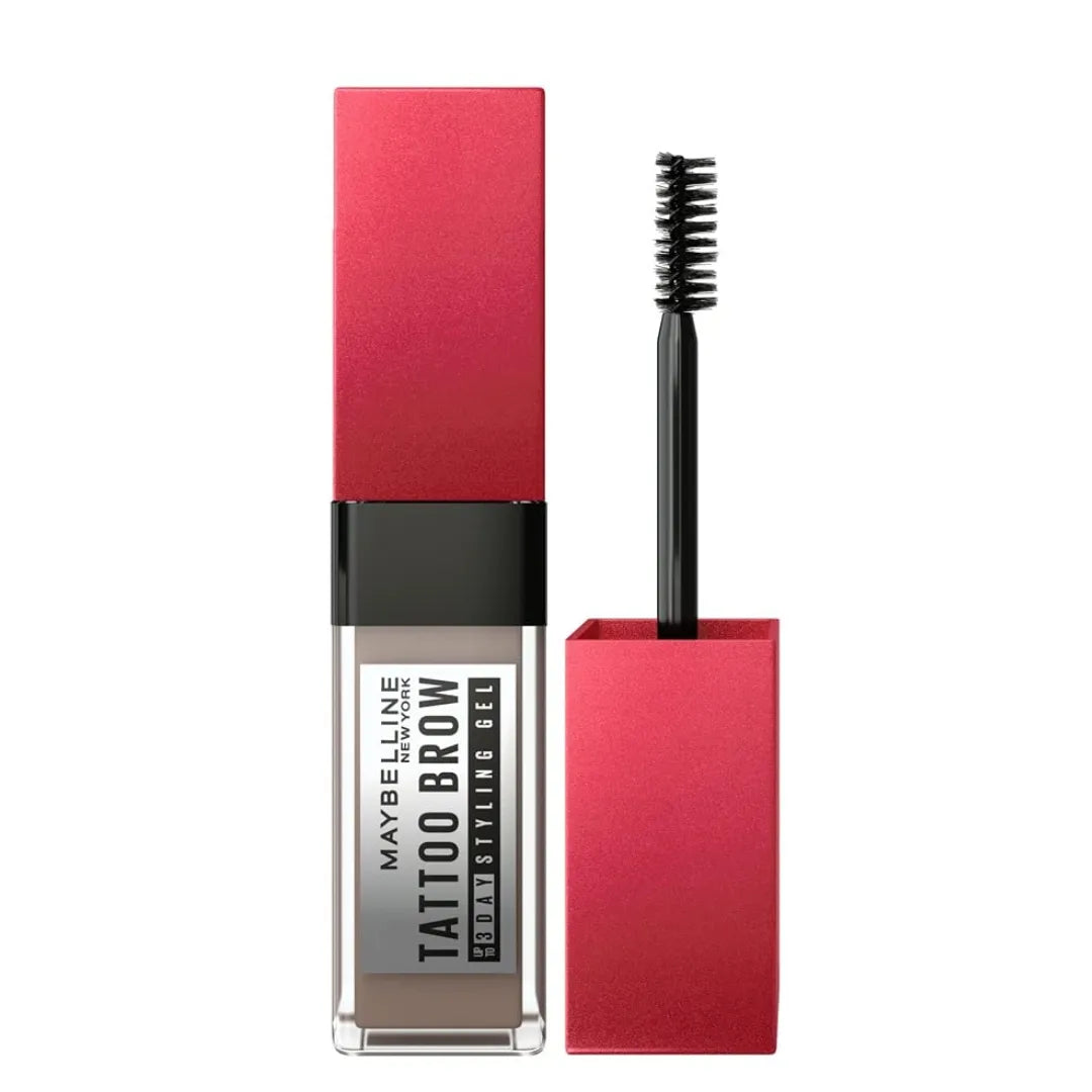 Maybelline Tattoo Brow gel with red packaging on a white background