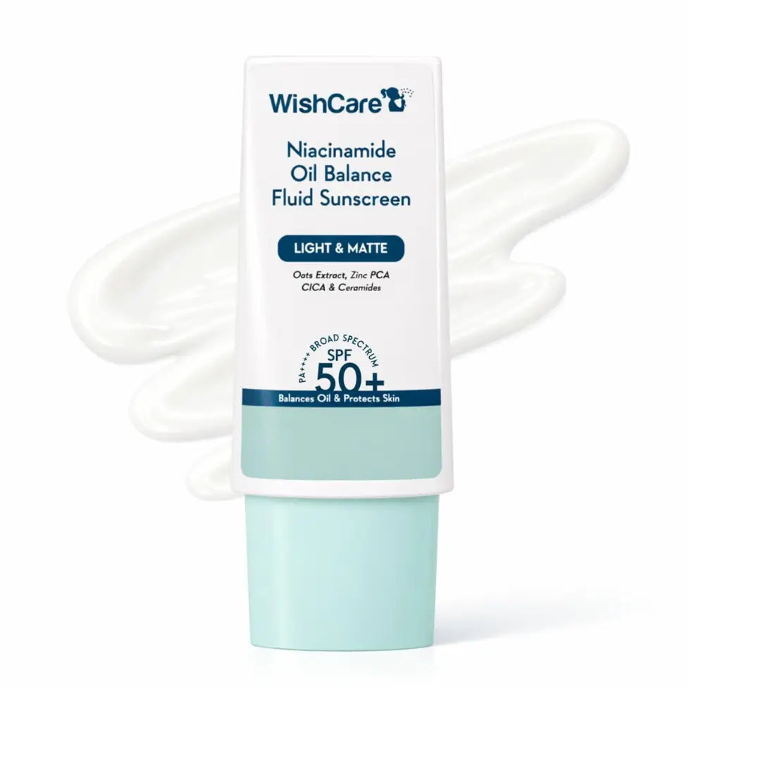 WishCare Niacinamide Oil Balance Fluid Sunscreen SPF 50 PA++++ In-Vivo Tested | 8Hrs+ SPF Protection | Lightweight, Matte & No White Cast | Sunscreen SPF 50 For Oily Skin, Sensitive, Dry & Combination Skin | For Women & Men | 30g