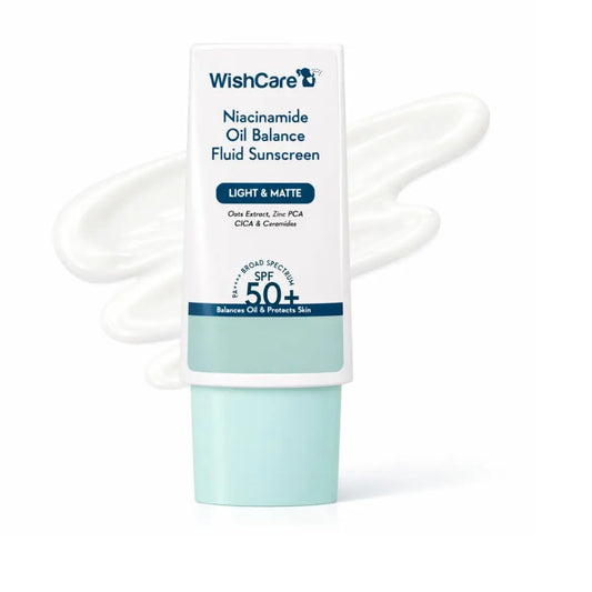 WishCare Niacinamide Oil Balance Fluid Sunscreen SPF 50 PA++++ In-Vivo Tested | 8Hrs+ SPF Protection | Lightweight, Matte & No White Cast | Sunscreen SPF 50 For Oily Skin, Sensitive, Dry & Combination Skin | For Women & Men | 30g