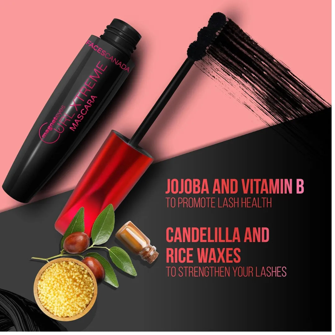 FACES CANADA Magneteyes Curl Xtreme Mascara - Black, 8g | Curls Lashes | Waterproof | Quick Drying | Long Wear | Intense Black Finish | Lightweight | Enriched With Jojoba Oil & Vitamin E