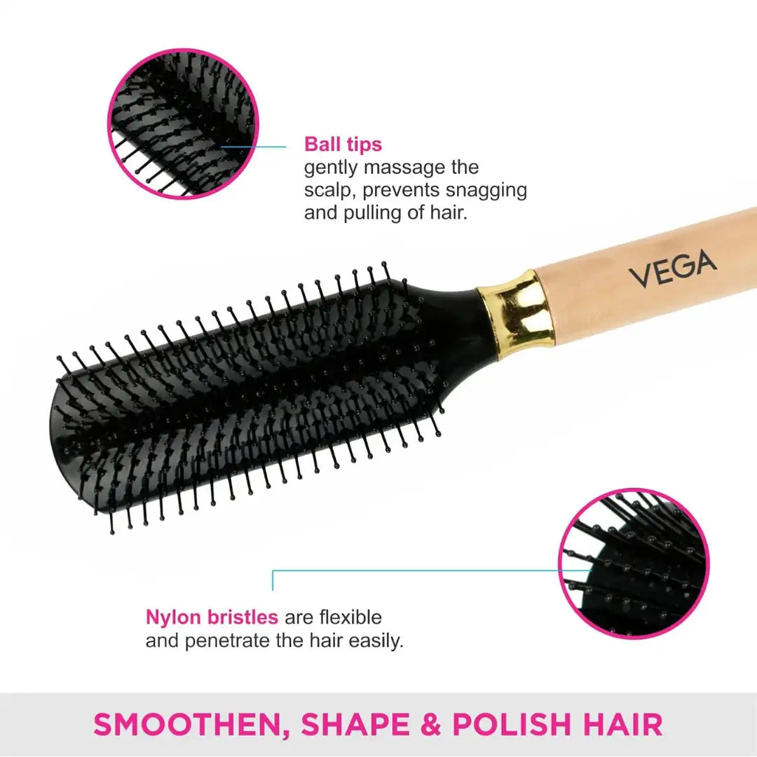 Vega Flat Brush with Wooden Colored Handle and Black Colored Brush Head, Regular