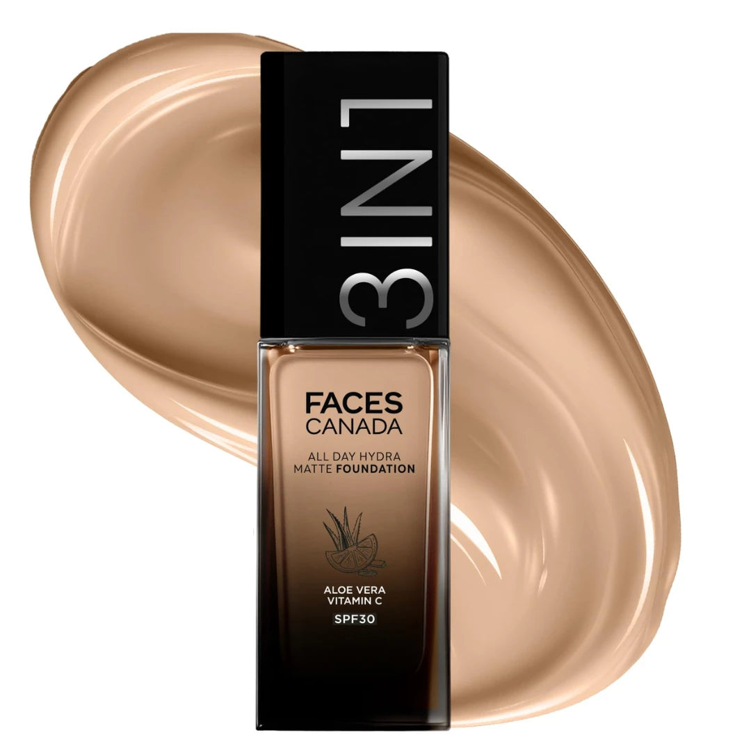 FACESCANADA All Day Hydra Matte Foundation Cream|3-in-1 Foundation + Moisturizer + SPF 30|24 HR Aloe Hydration & Vitamin C|10HR Long Wear|Medium to High Buildable Coverage | Soft Sand 041 | 30ml