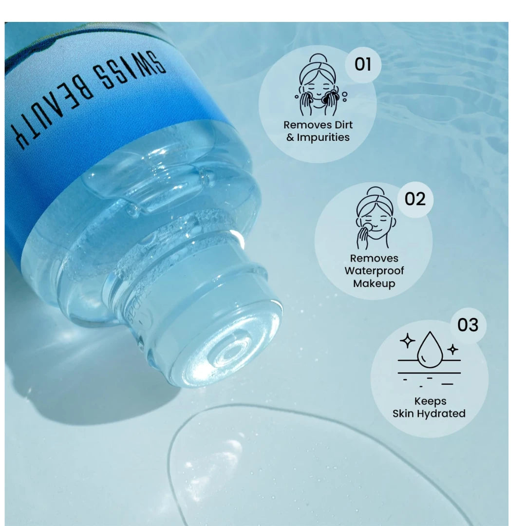 Swiss Beauty Bi-Phased Micellar Face Cleansing Water | Removes dirt, impurities and waterproof makeup | With Aloe vera and Witch Hazel | 100 ml