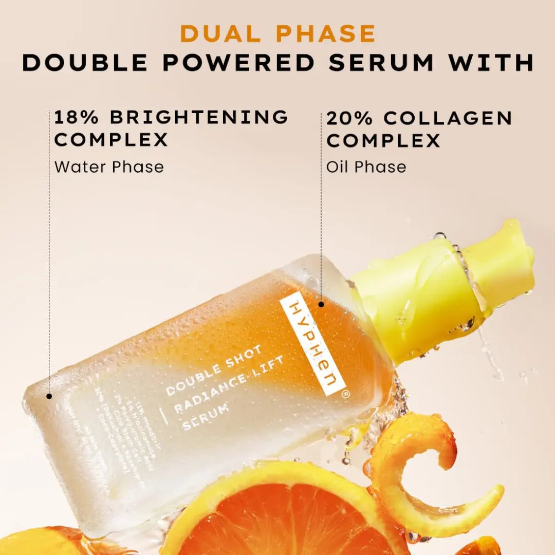 Hyphen 18% Brightening + 20% Collagen Double Shot Face Serum | Double Serum with 11% Mandarin 5% Niacinamide 2% PGA & Bakuchiol | Brightening & Collagen Boost | Dark Spots & Melanin Reduction | All Skin Type-50ml