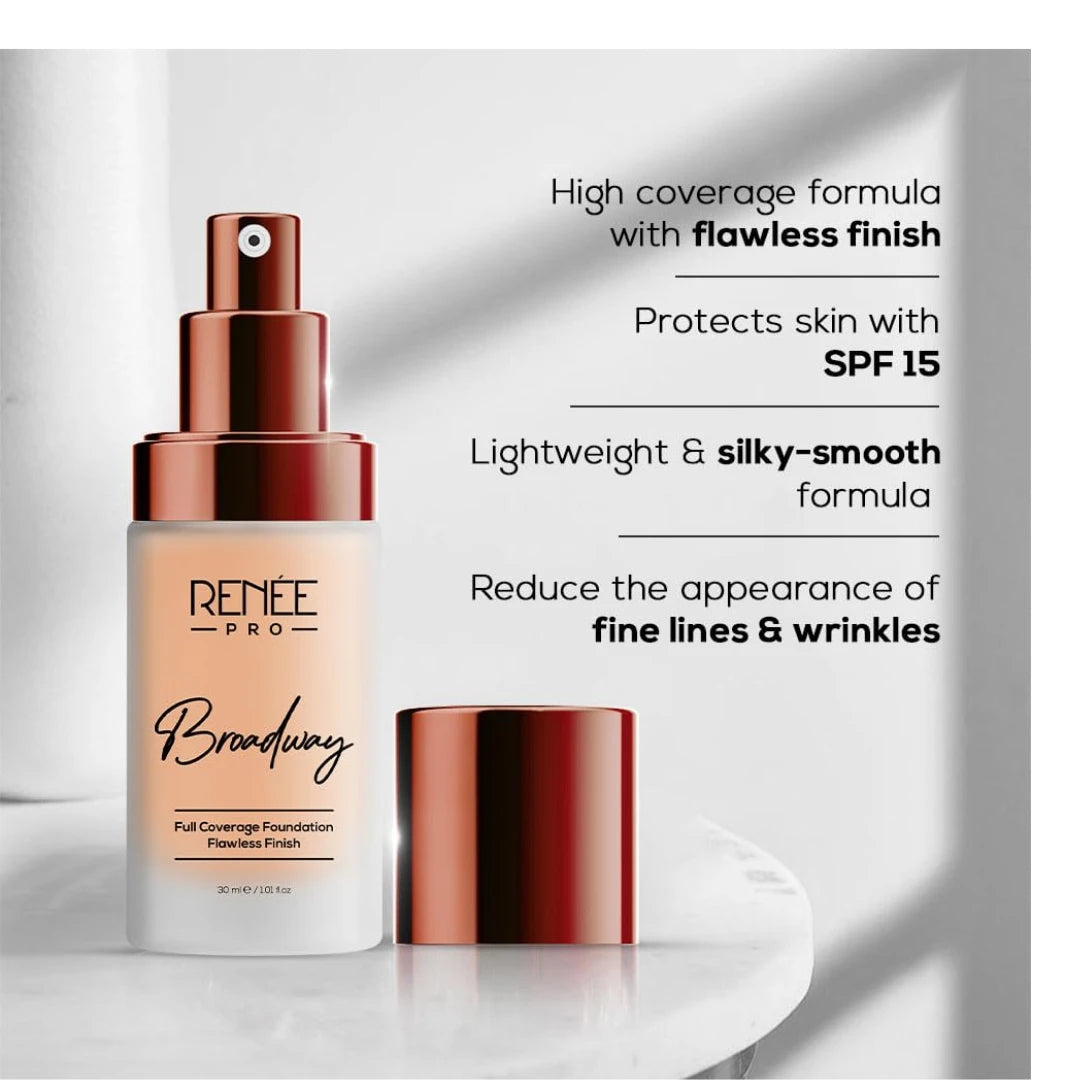 RENEE PRO Broadway Liquid Foundation - Eden, Full Coverage, Lightweight, Long-Lasting, And Highly Buildable. Delivers Velvety Matte Finish, Infused with Spf 15 & Argan Oil for Nourishment - 30ml