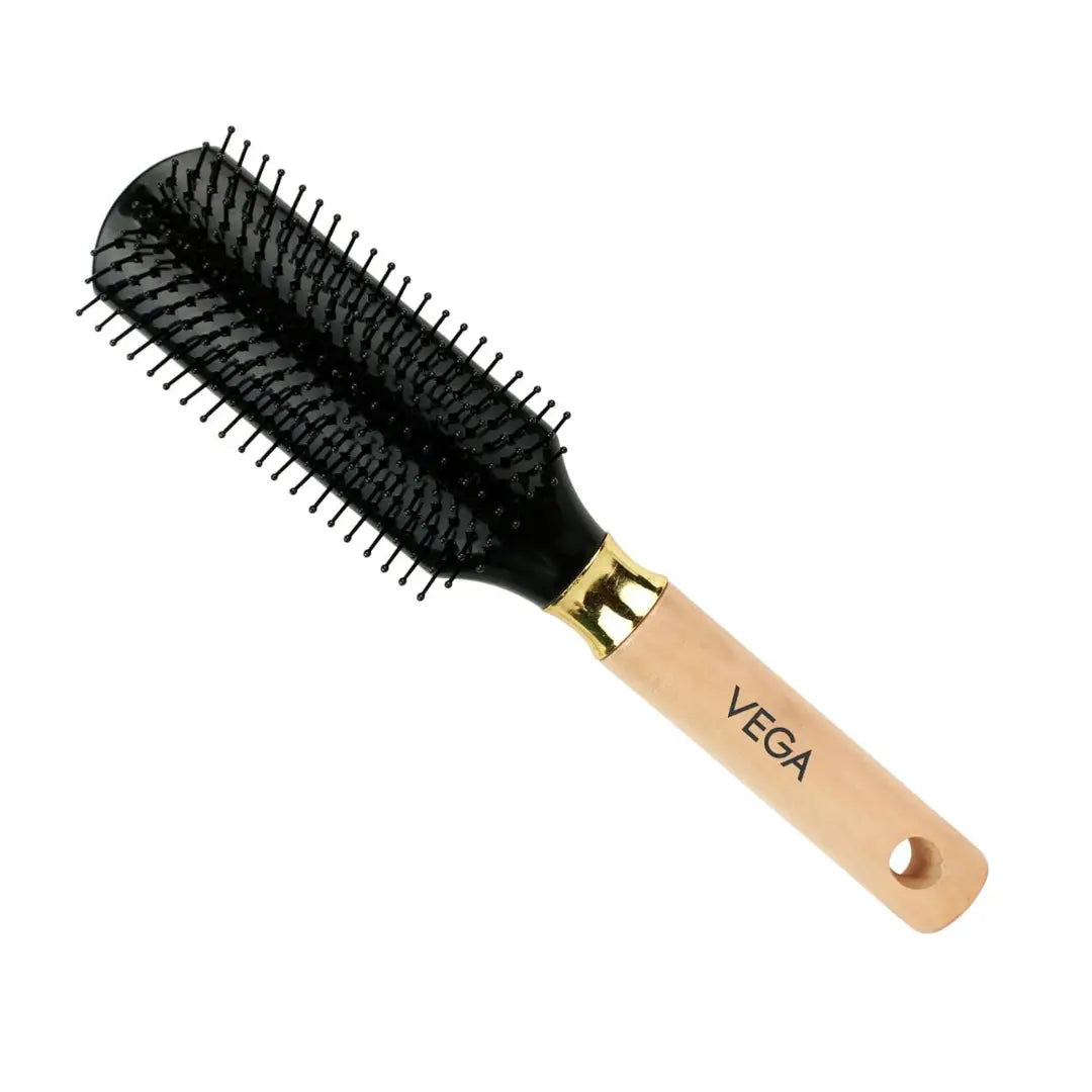 Vega Flat Brush with Wooden Colored Handle and Black Colored Brush Head, Regular