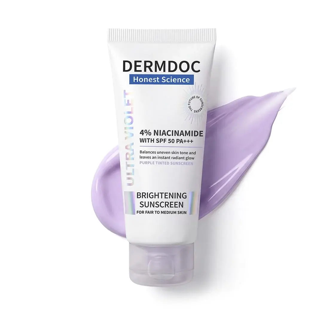 DERMDOC SPF 50 Ultra Violet Brightening Tinted Sunscreen with 4% Niacinamide, 60g | PA +++ | With Purple Tint | Evens Skin Tone | Lightweight | UVA & UVB Protection | Zero White Caste | Strengthens Skin Barrier | Ultra-Light & Non-Greasy