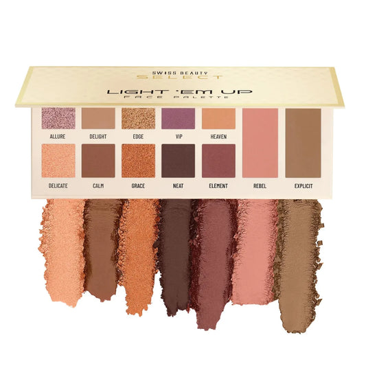 Swiss Beauty Select Light Em Up Multipurpose Face and Eye Palette | 10 Eyeshadow shades + 1 Blusher shade + 1 Contour Pan| Shade- Twilight, 20g |