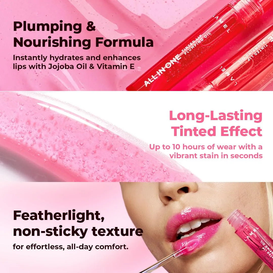 Lamel All In One Lip Tinted Plumping Oil- Watermelon, Lip Oil Tint for Pigmented Lips | Hydrating, Plumping & Glossy Lip Tint | Non-Sticky Lip Oil with Long-Lasting Tint | 3ml