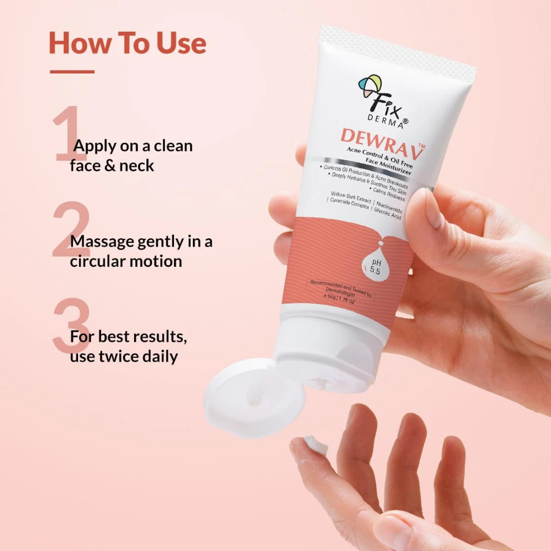 Fixderma Dewrav Acne Control & Oil Free Moisturizer for Face with Glycolic Acid | Niacinamide | Oily Skin | Face Moisturizer for Women & Men - 50 gm
