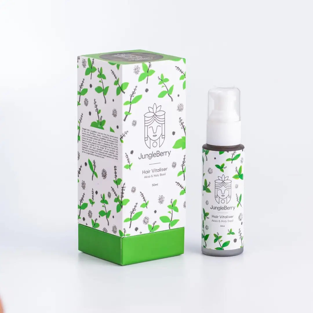 JungleBerry hair revitalizer bottle and packaging on a white background