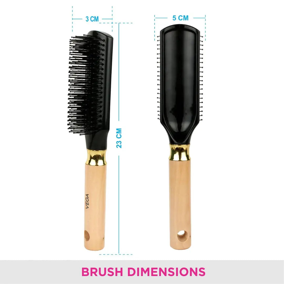 Vega Flat Brush with Wooden Colored Handle and Black Colored Brush Head, Regular