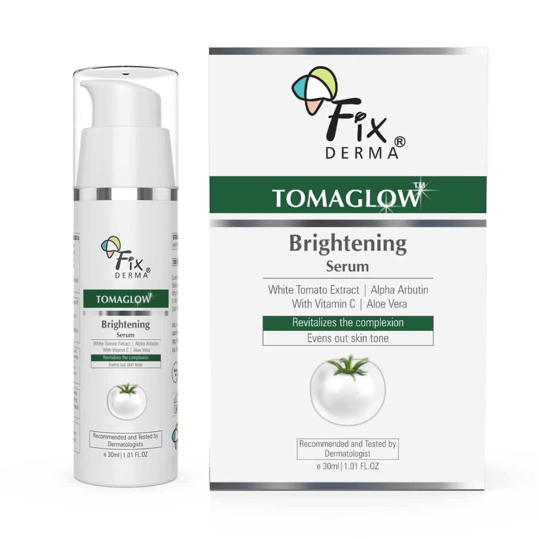 Fixderma TomaGlow Skin Brightening Serum for Face with 4% Niacinamide, 2% Alpha Arbutin, Vitamin C & White Tomato Extract | Reduce Pigmentation & Dark Spots | Brightens the Skin For Men & Women - 30ML